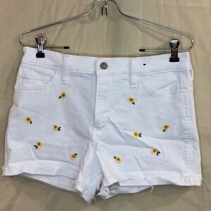 Hollister White Hi-Rise Jean Shorts with Yellow Embroidered Flowers